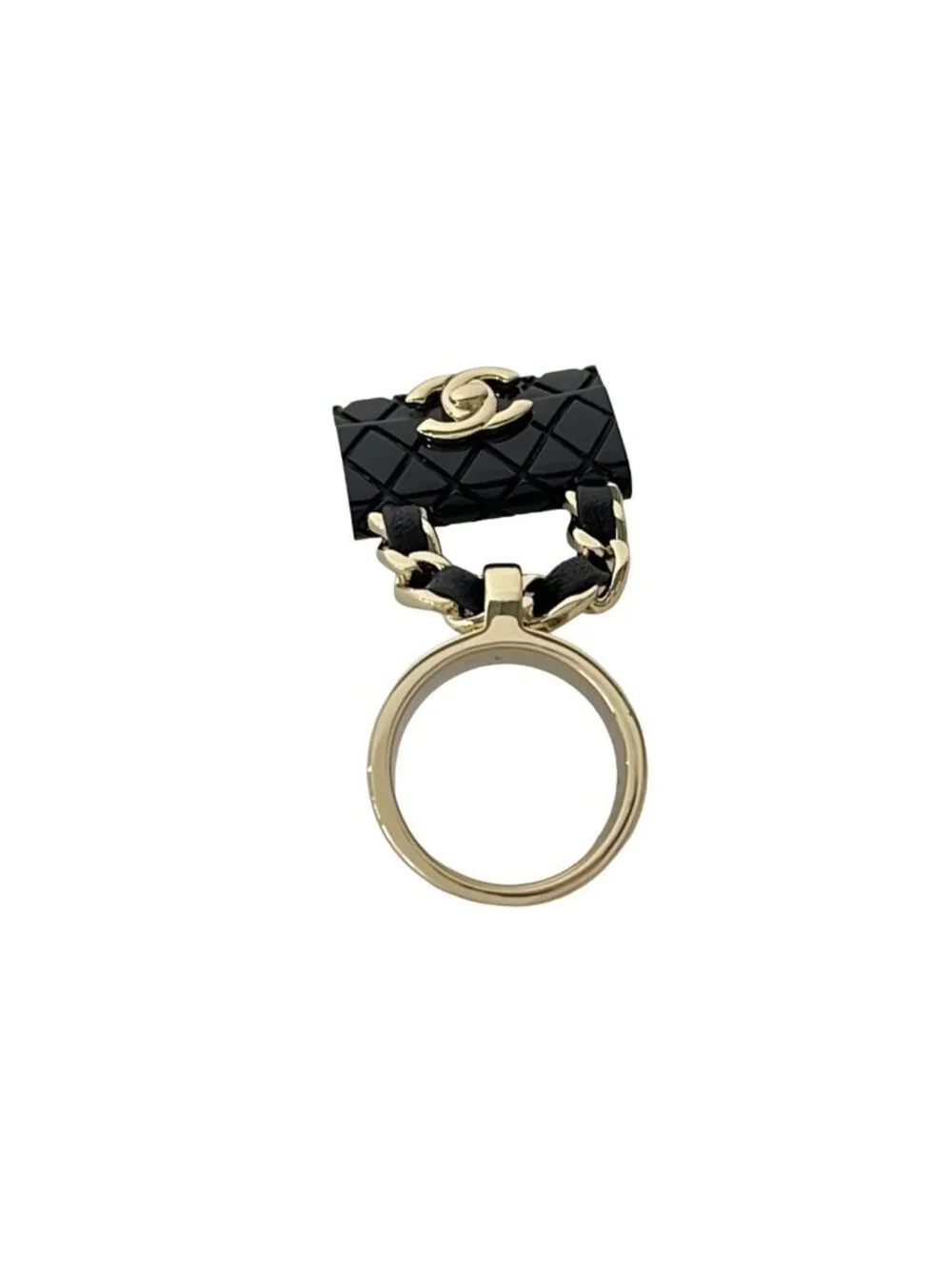 Chanel Ring CC Logo Leather Gold Black Bag Motif Quilted